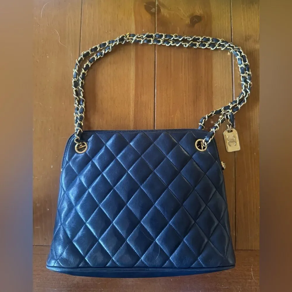 Auth Chanel Mademoiselle Navy Blue Polished Matelasse Quilted Shoulder Bag - Picture 16 of 16
